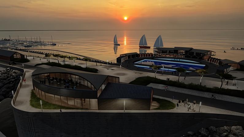 An architects’ visualisation of the £11bn West Somerset Lagoon tidal power project from Minehead to Watchet, including a water-sports marina and lido.