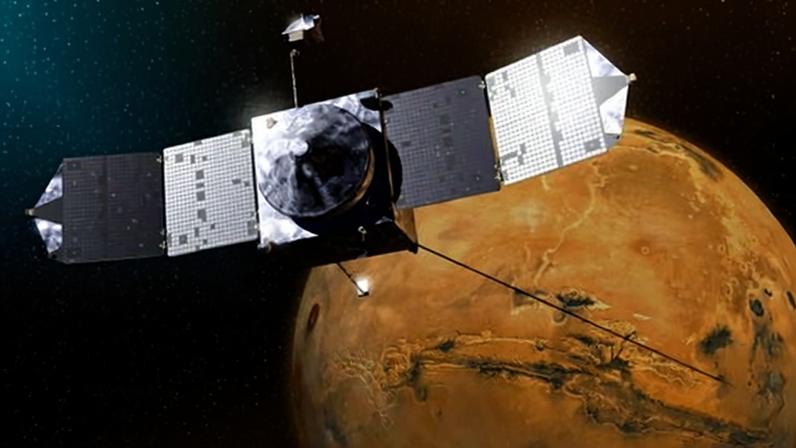 An artist's illustration of the Maven spaccecraft. Photograph: Nasa/GSFC