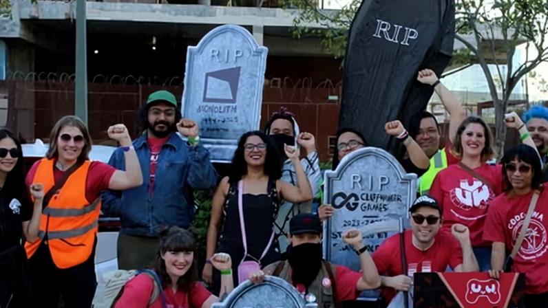 United Videogame Workers members protest outside LA's Peacock Theatre, venue for The Game Awards, on 11 December 2025