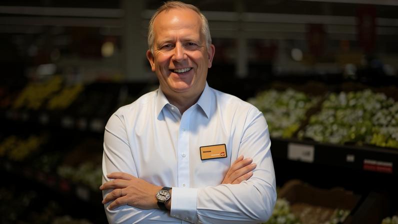 Simon Roberts poses in the fruit and veg section of a Sainsbury’s supermarket