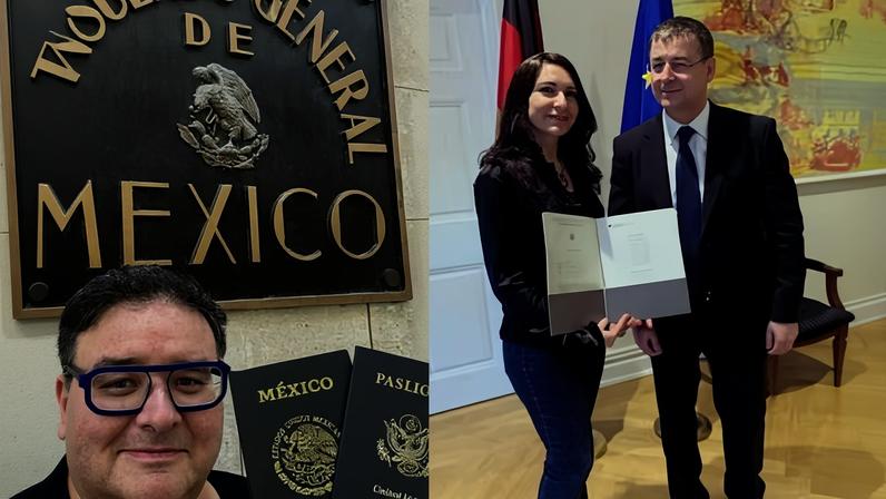 Hollis Rutledge after obtaining his Mexican passport in front of the Mexican Consulate in San Antonio; Rose Freymuth Frazier receiving German citizenship with David Gill, the German consul general, in New York City.