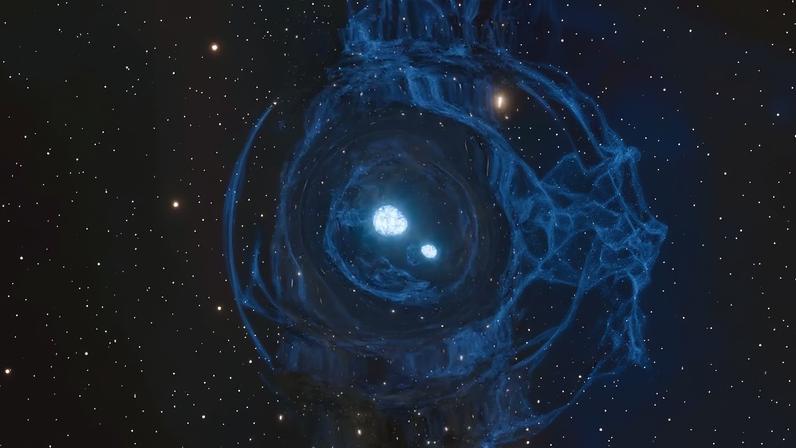 Esta concepção artística mostra um evento hipotético conhecido como superkilonova. Uma estrela massiva explode em uma supernova (à esquerda), que gera elementos como carbono e ferro. Em seguida, nascem duas estrelas de nêutrons (ao centro), sendo que acredita-se que pelo menos uma delas seja menos massiva que o nosso Sol. As estrelas de nêutrons se aproximam em espiral, enviando ondas gravitacionais que se propagam pelo cosmos, antes de se fundirem em uma dramática kilonova (à direita).