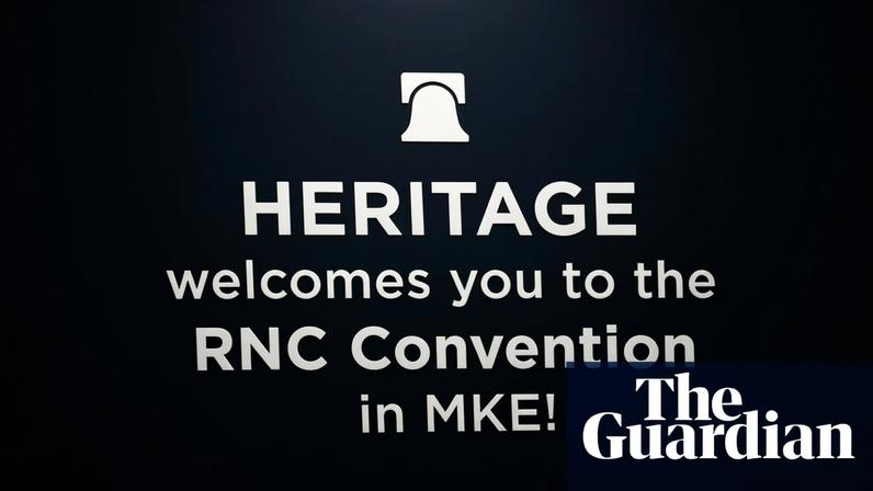 A sign for the Heritage Foundation at the Republican national convention in Milwaukee. Photograph: Michael M Santiago/Getty Images