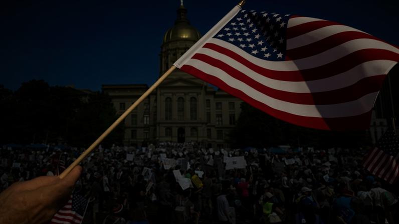 ‘America has gone off the rails. Its time to bring it back.’ Photograph: Elijah Nouvelage/AFP/Getty Images
