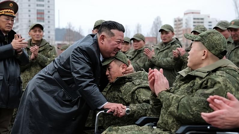 Kim Jong-un greets North Korean soldiers returning from Russia’s Kursk region at a ceremony in Pyongyang on Saturday.