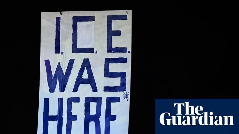 An ‘ICE was here’ sign is posted in the spot for the baby Jesus at a nativity display at St Susanna church in Dedham, Massachusetts, on 9 December. Photograph: Charles Krupa/AP
