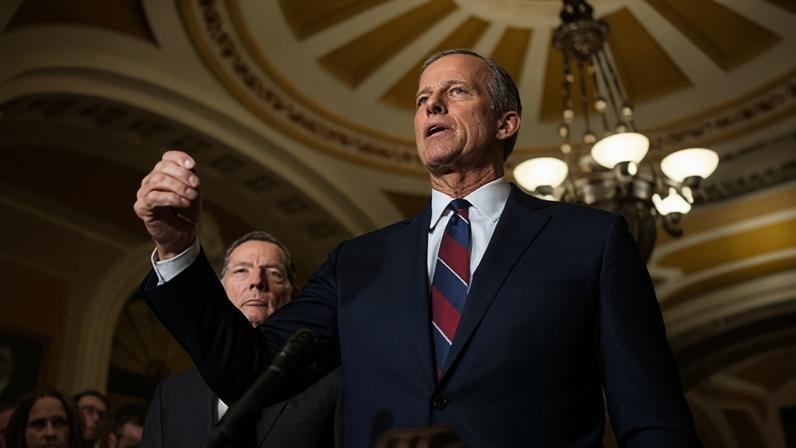 John Thune speaks in the Senate in Washington DC on Tuesday. Photograph: Mattie Neretin/CNP/picture alliance/Consolidated News Photos