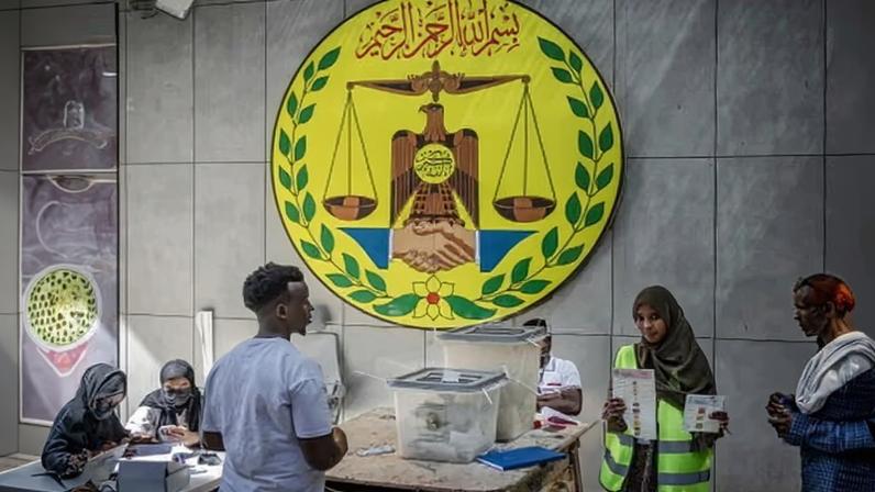 Electoral commission officials monitoring a polling station in Hargeisa during the 2024 presidential election in Somaliland.