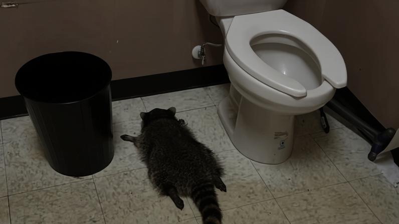 A drunk raccoon is passed out in a liquor store bathroom in Ashland, Virginia, on 29 November 2025.