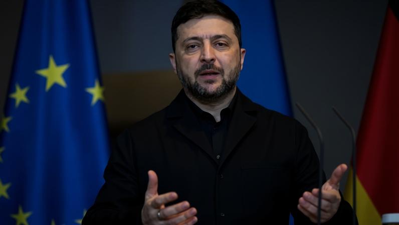 Ukrainian president Volodymyr Zelenskyy at a press conference in Berlin on 15 December, 2025.