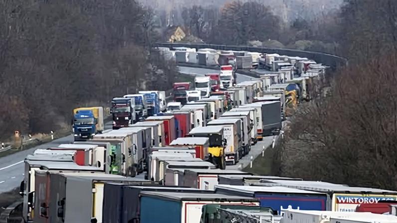Trucks in a jam on the A4 motorway near Bautzen, Germany, in March 2020. Photograph: Robert Michael/AP