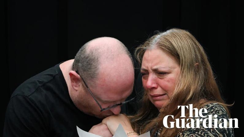 The parents of 10-year-old shooting victim, Matilda, at a memorial in Bondi for her and the other 14 people killed by two gunmen.