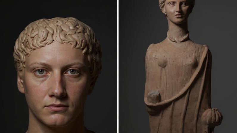 A marble head of Hermes from the 2nd century AD (left) has been returned to Italian authorities, while a terracotta and pigment sculpture of a woman from the 4th or 3rd century BC (right) remains on view at the San Antonio Museum of Art, on loan from the Ministry of Culture of Italy Courtesy Ministry of Culture of Italy and the San Antonio Museum of Art