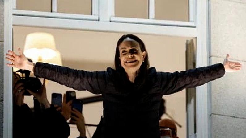 Nobel peace laureate Maria Corina Machado greets supporters from a balcony of the Grand Hotel in Oslo, Norway, on Thursday. Photograph: Odd Andersen/AFP/Getty Images