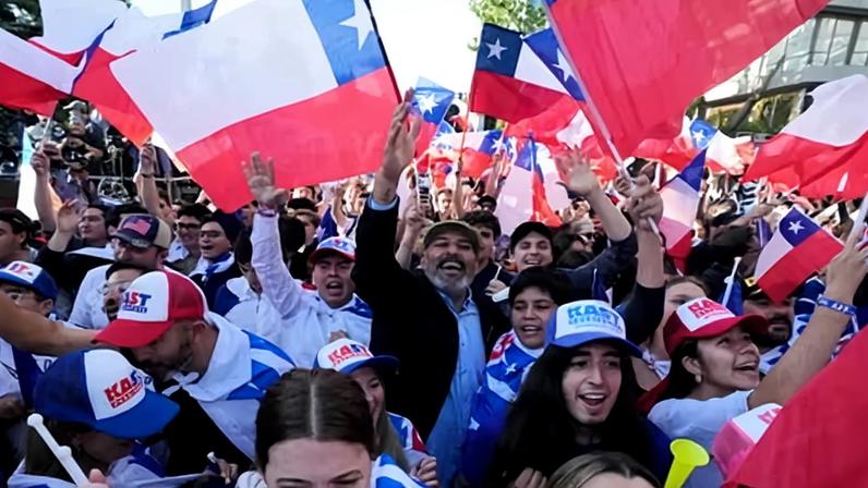 Supporters of Jose Antonio Kast celebrate in Santiago, Chile. Photograph: Esteban Félix/AP