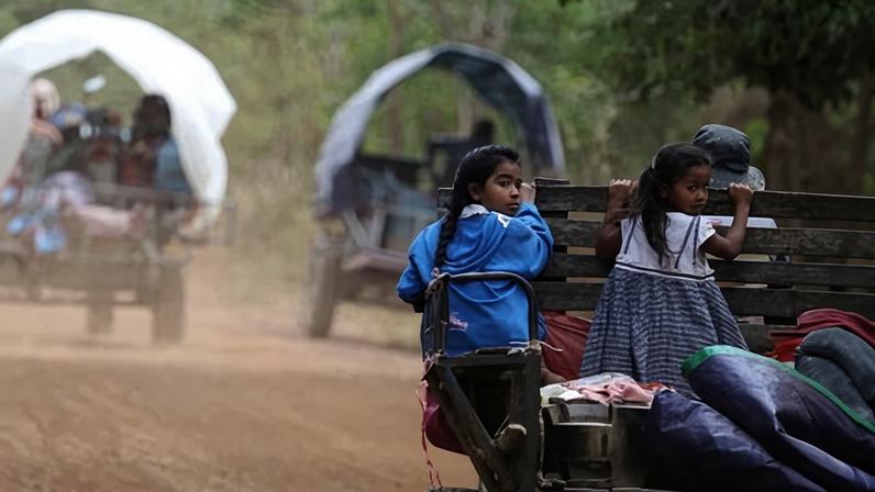 Girls sit behind a tractor on the way to a refugee camp as they are evacuated amid deadly clashes between Thailand and Cambodia along a disputed border area, in Oddar Meanchey Province, Cambodia. Photograph: Kim Hong-Ji/Reuters
