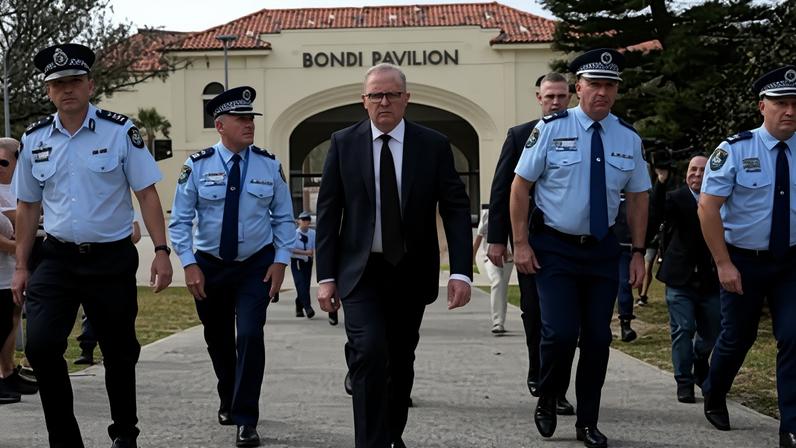 Anthony Albanese visits the scene of the Bondi beach terrorist attack on Monday, where he laid flowers at the Bondi Pavilion
