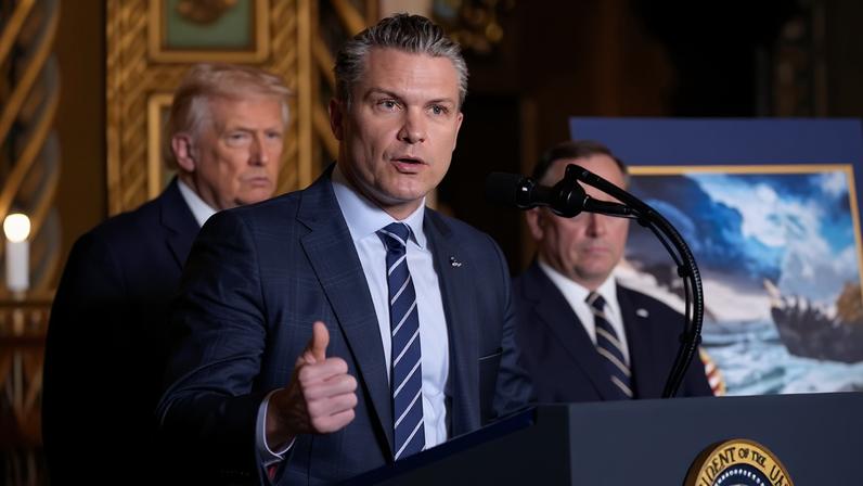 Pete Hegseth speaks as Donald Trump looks on at the president’s Mar-a-Lago club in Palm Beach, Florida, on 22 December.