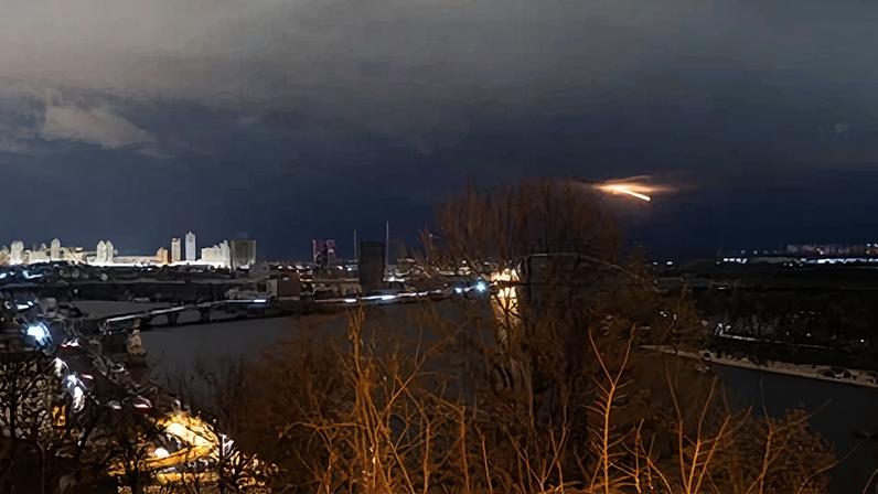 A Ukrainian surface-to-air missile trails into the clouds during large-scale attack on Kyiv, Ukraine, on Saturday.