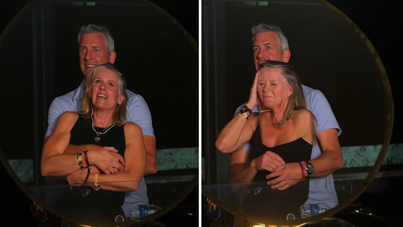 Composite of the couple cuddling happily one moment and covering their faces the next