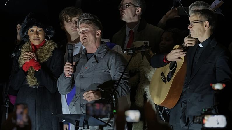 Tommy Robinson leads a carol service in London on 13 December, which had a low turnout in contrast to his previous ‘unite the kingdom’ rally.