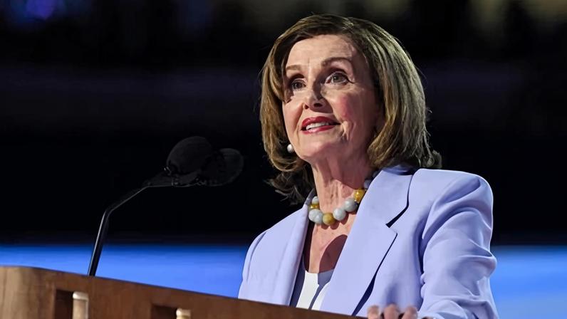 Nancy Pelosi, the former US House speaker, speaks on the third day of the Democratic National Convention (DNC) at the United Center in Chicago, Illinois, on 21 August 2024.