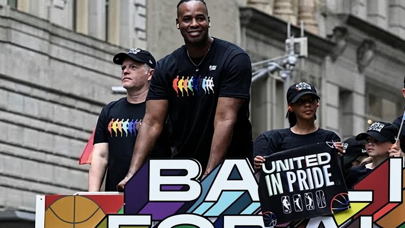 Jason Collins participates in the New York City Pride parade last year. Photograph: David Dow/NBAE/Getty Images