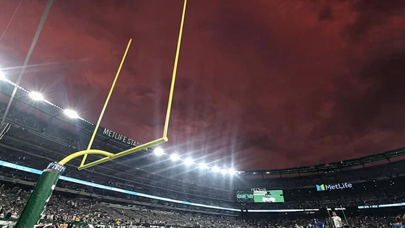 A general view of the field-goal post before a game between the Buffalo Bills and the New York Jets at MetLife Stadium.