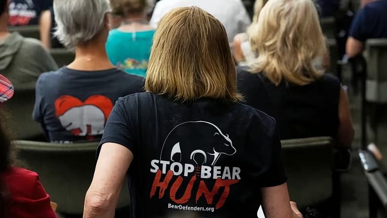 Floridians attend a fish and wildlife commission hearing about the bear hunt on 1 May 2025 in Ocala, Florida.