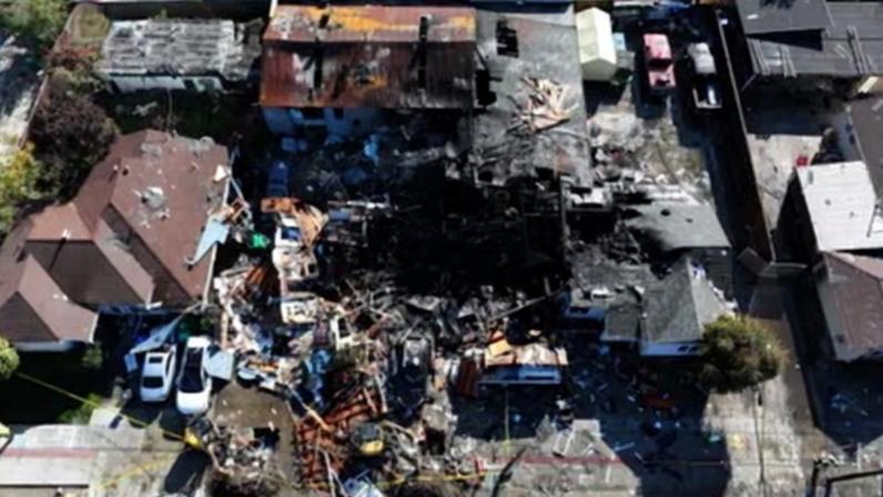 An aerial view of damaged house after an underground gas explosion in Hayward, California, on Thursday. Photograph: Anadolu/Getty Images