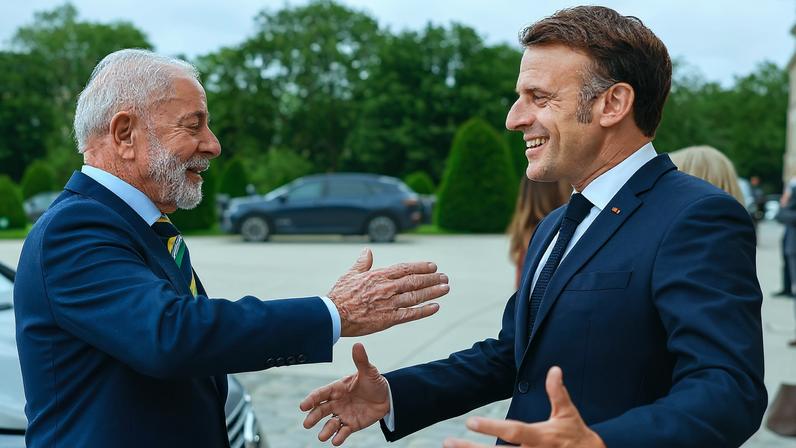 Presidente francês Emmanuel Macron e presidente brasileiro Luiz Inácio Lula da Silva. — Foto: Ricardo Stuckert/ Presidência da República