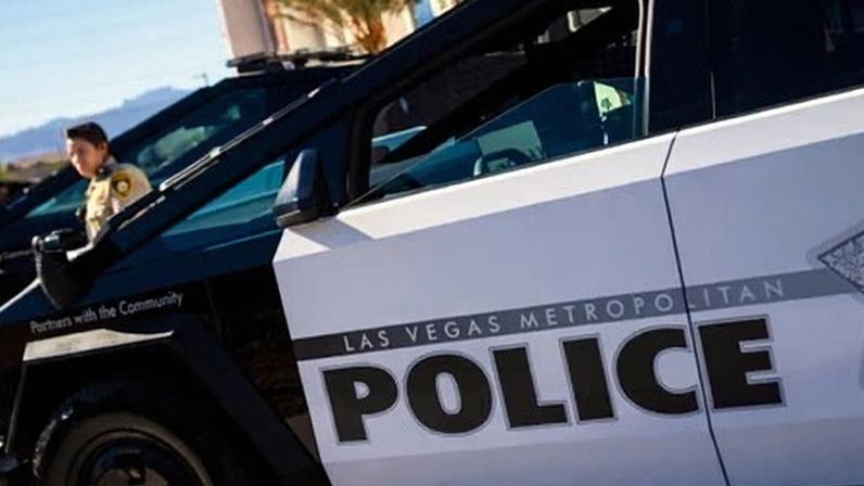 A Tesla Cybertruck owned by the Las Vegas metro police department on display in Las Vegas on 28 October 2025.