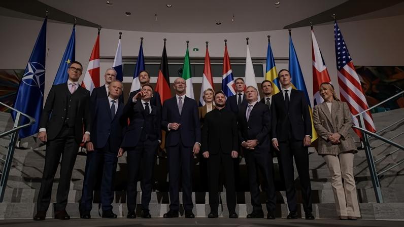 European leaders with Zelenskyy and US envoys at the Ukraine summit in Berlin, Germany on Monday. Photograph: Action Press/Shutterstock