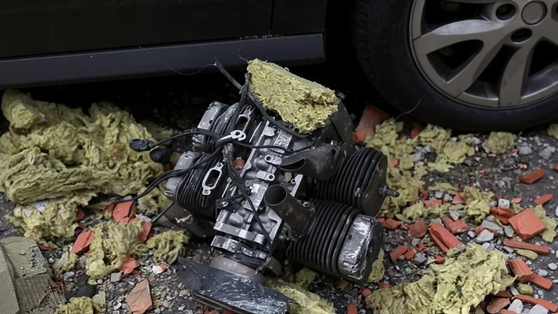 Engine from a Russian drone lies on the ground amid rubble in the Darnytskyi district damaged of Ukraine.