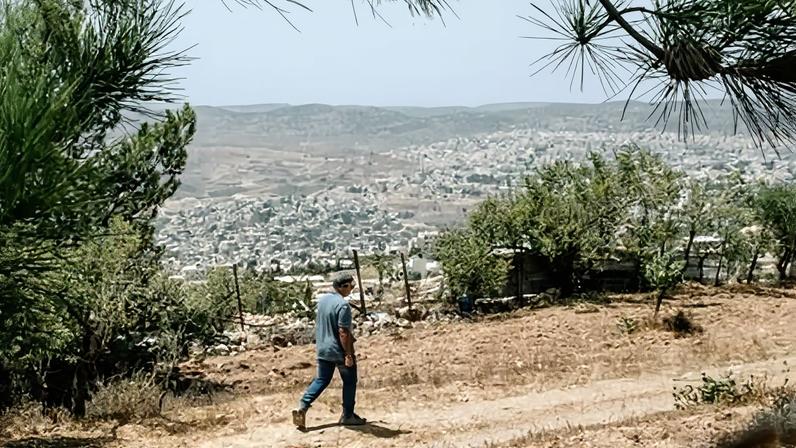 Daoud Nassar walks on his family’s farm near Nahalin in the occupied West Bank, with Israeli settlements in the background.