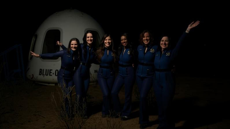 Kerianne Flynn, Katy Perry, Lauren Sánchez, Aisha Bowe, Gayle King and Amanda Nguyen in front of the Blue Origin rocket following a short mission into orbit after taking off from Launch Site One in Van Horn, Texas, on 14 April 2025.