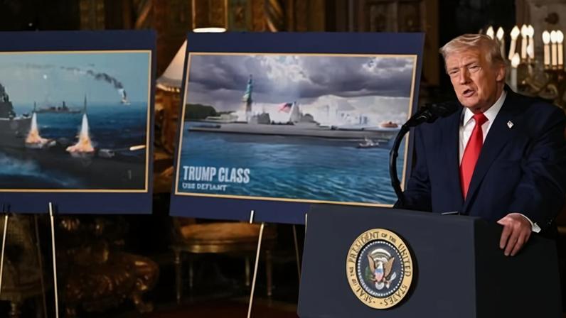 Donald Trump announces the US Navy’s new Golden Fleet initiative at his resort in Mar-a-Lago, Florida.