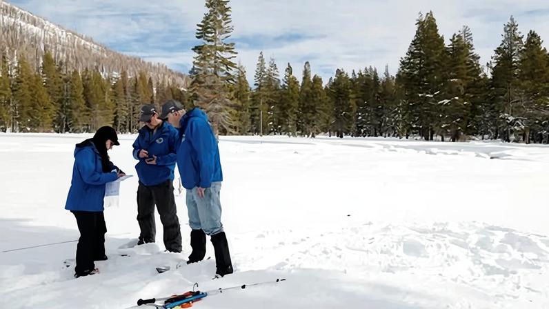California department of water resources employees calculate snow depth and water content at the Phillips station in El Dorado county, California, on 30 December 2025.