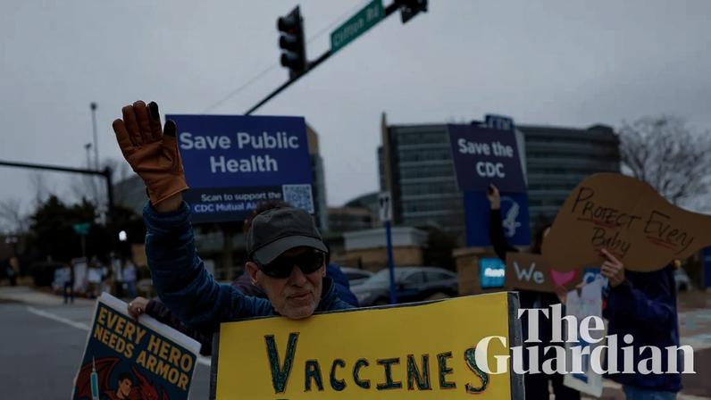 A protest outside the CDC headquarters in Atlanta earlier this month against the decision to change the recommendations for the hep B vaccine. Photograph: Erik S Lesser/EPA