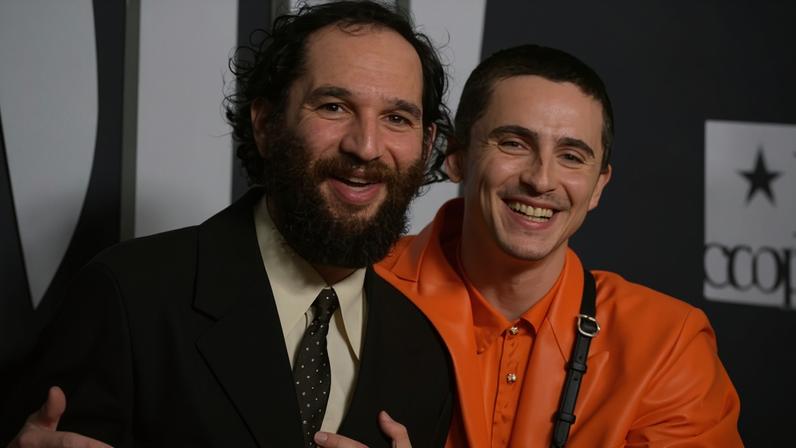 ‘She’s trying to suck the youth out of this man and get his passion’ … Timothée Chalamet and Josh Safdie at the Los Angeles premiere of Marty Supreme.