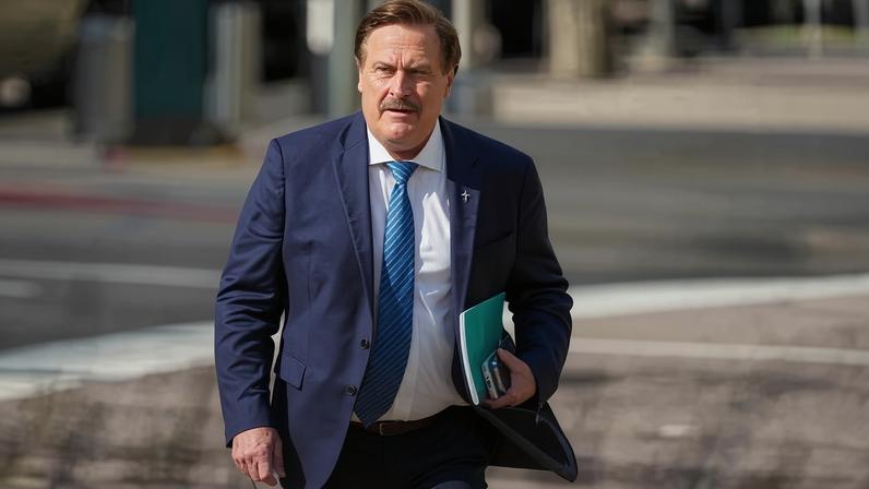 Mike Lindell walks into federal district court for a defamation trial in Denver, Colorado, on 5 June 2025.