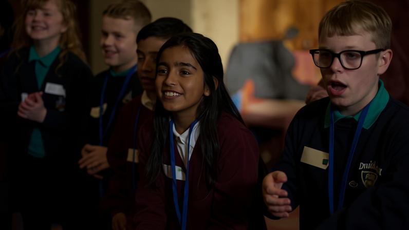 Pupils from Hill Top Church of England and Horton Grange primary schools taking part in a linking event day at Bradford City Hall organised by The Linking Network.