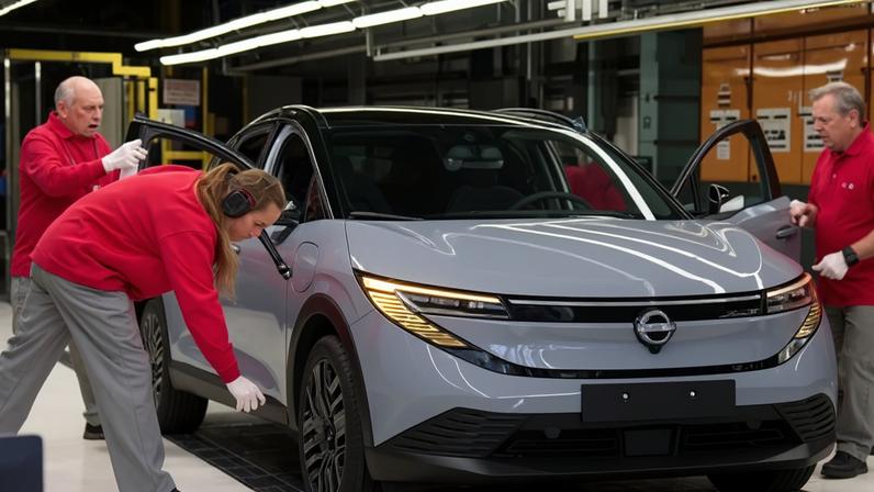 Workers inspect Nissan’s third-generation Leaf electric car as it comes off the production line at the Sunderland factory.