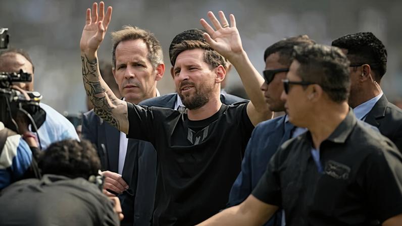Lionel Messi arrives at Salt Lake Stadium in Kolkata for his brief appearance. Photograph: Dibyangshu Sarkar/AFP/Getty Images