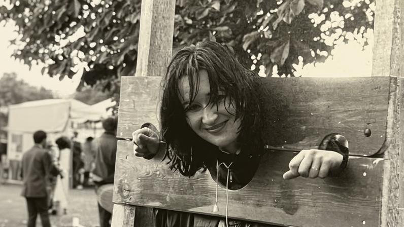 Chloe Deakin, then a young English teacher, takes part in a Dulwich college charity fundraising event, 1981.