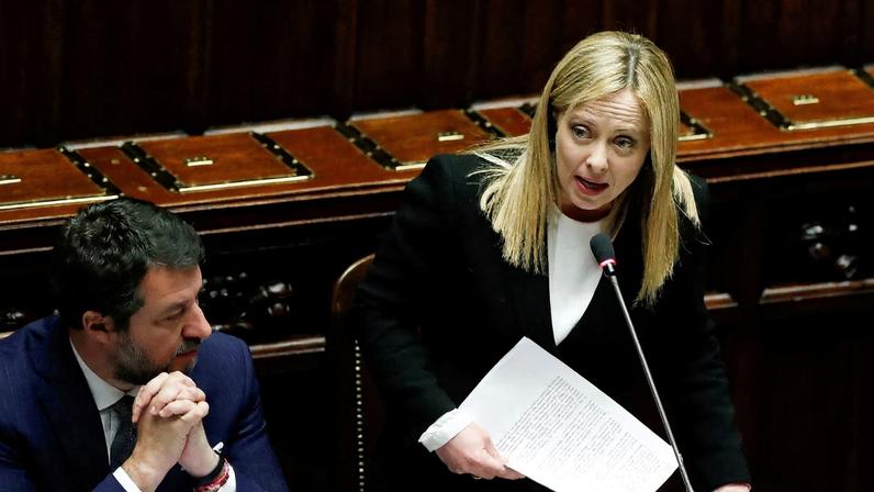 Italy's Prime Minister Giorgia Meloni, next to Deputy Prime Minister and Minister of Infrastructure and Transport Matteo Salvini, attends a question time at the lower house of parliament in Rome, Italy March 15, 2023. REUTERS/Remo Casilli