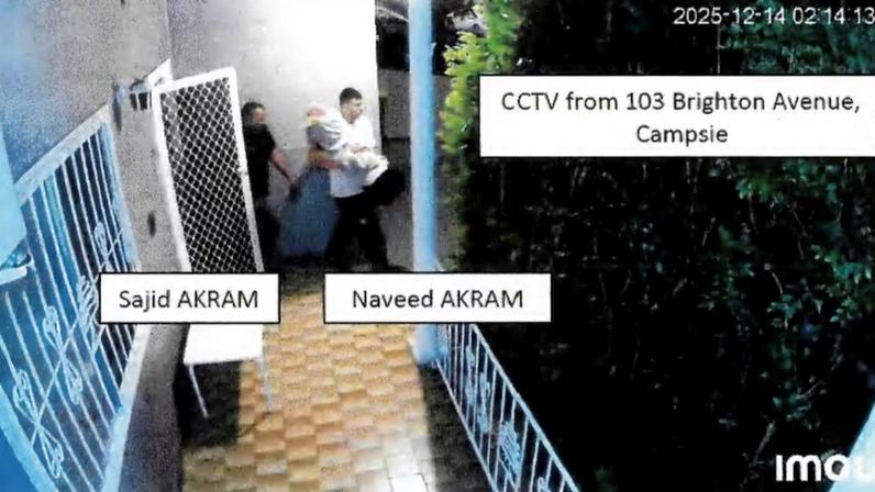 A CCTV footage shows Naveed Akram and his father, Sajid Akram, both suspects in the shooting attack during a Jewish Hanukkah celebration at Bondi Beach on December 14, carrying items wrapped in blankets, while exiting 103 Brighton Avenue, Campsie, New South Wales, Australia, in this still image taken from a court document released on December 22, 2025. NSW Police/Handout via REUTERS