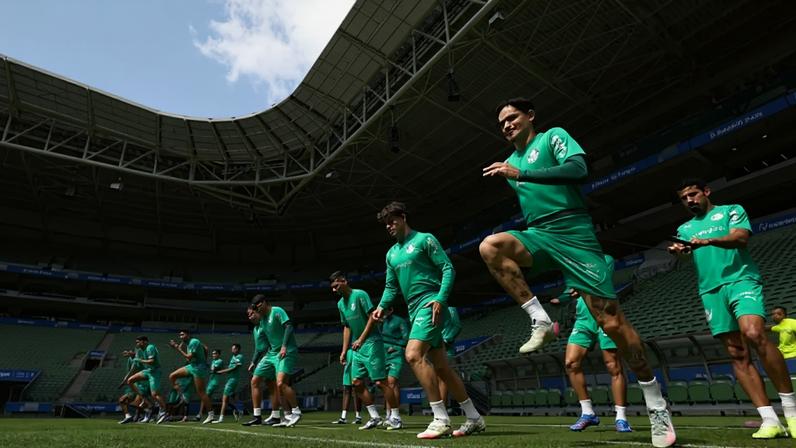 Elenco do Palmeiras no gramado sintético do Allianz Parque (Foto: Cesar Greco/Palmeiras/by Canon)