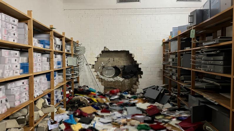 A hole gapes in a wall after thieves drilled into the vault of a Sparkasse savings bank in Gelsenkirchen, Germany, December 29, 2025, in this image released December 30, 2025, by the police. Police Gelsenkirchen/Handout via REUTERS