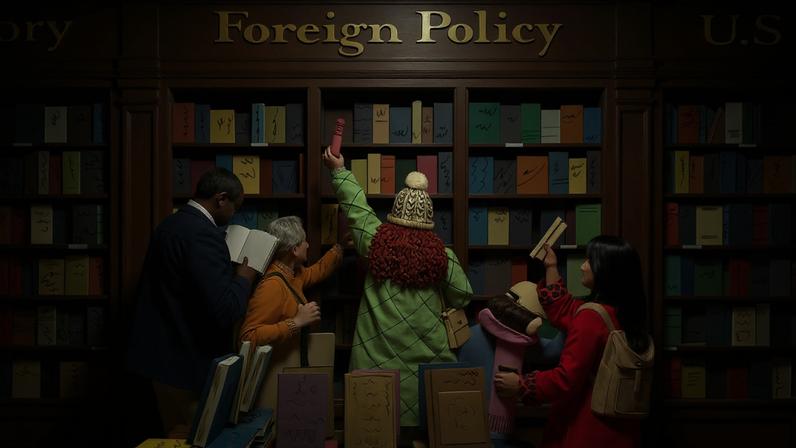 Illustration of a group of people in a book store. The foreign policy section of books is swarmed, while no one is interested in the U.S. section.